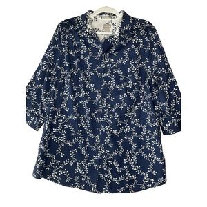 Chico's No-Iron Stain Shield Blue Floral Print Button Up 3/4 Sleeve Shirt Top XL